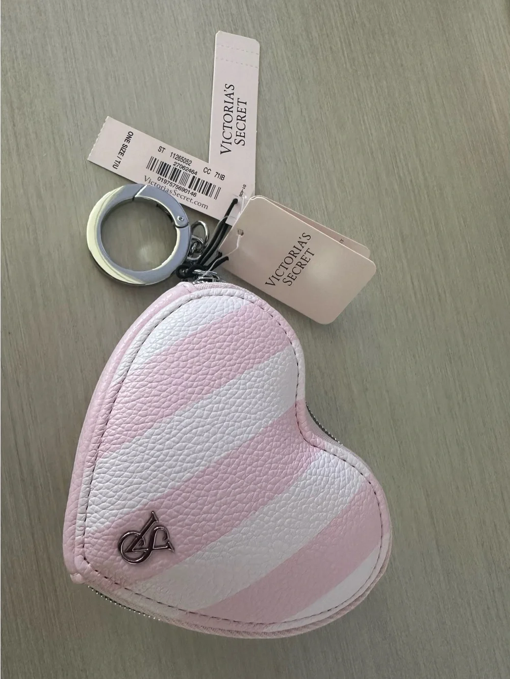Victoria's Secret Pink & White Striped Heart Keychain Coin Purse